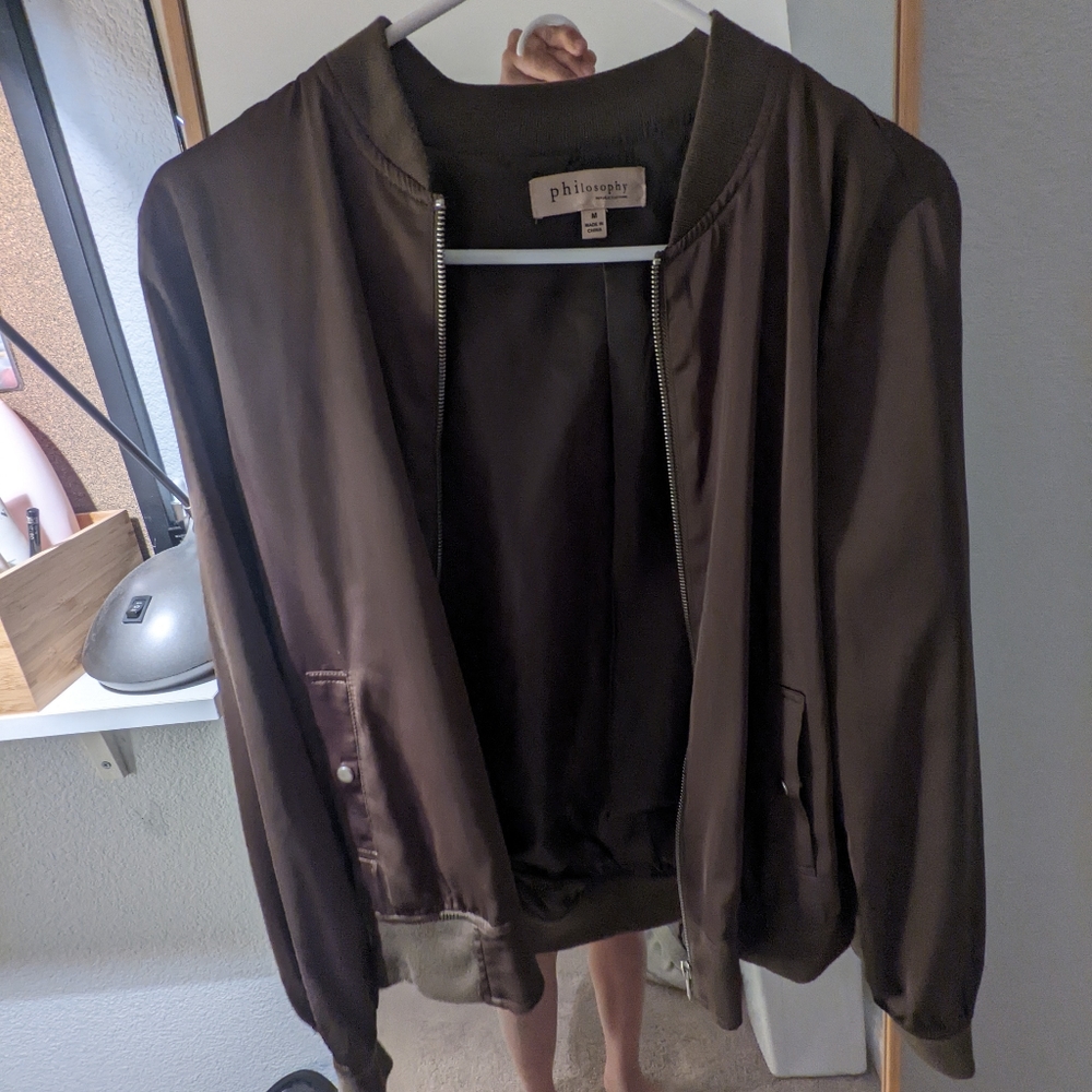 Philosophy satin earthy forest green bomber